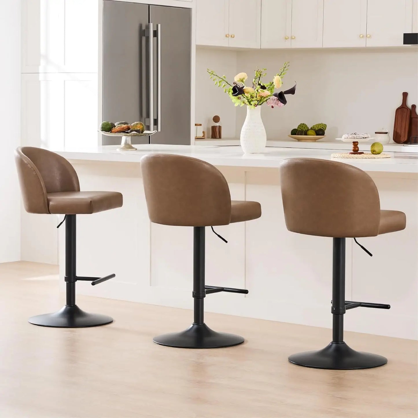 Adjustable Swivel Bar Stools with Back, Counter Stools Set of 3 for Kitchen Island, Height 25-33.7in, Fabric White, Customized
