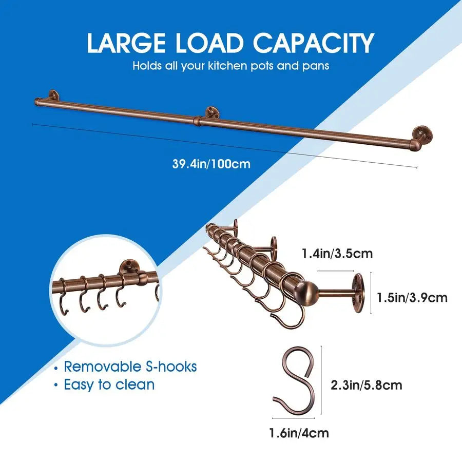 39.4 Inch Stainless Steel Wall Mounted Hanging Pot and Pan Rack with Adjustable S Hooks, Antique Copper