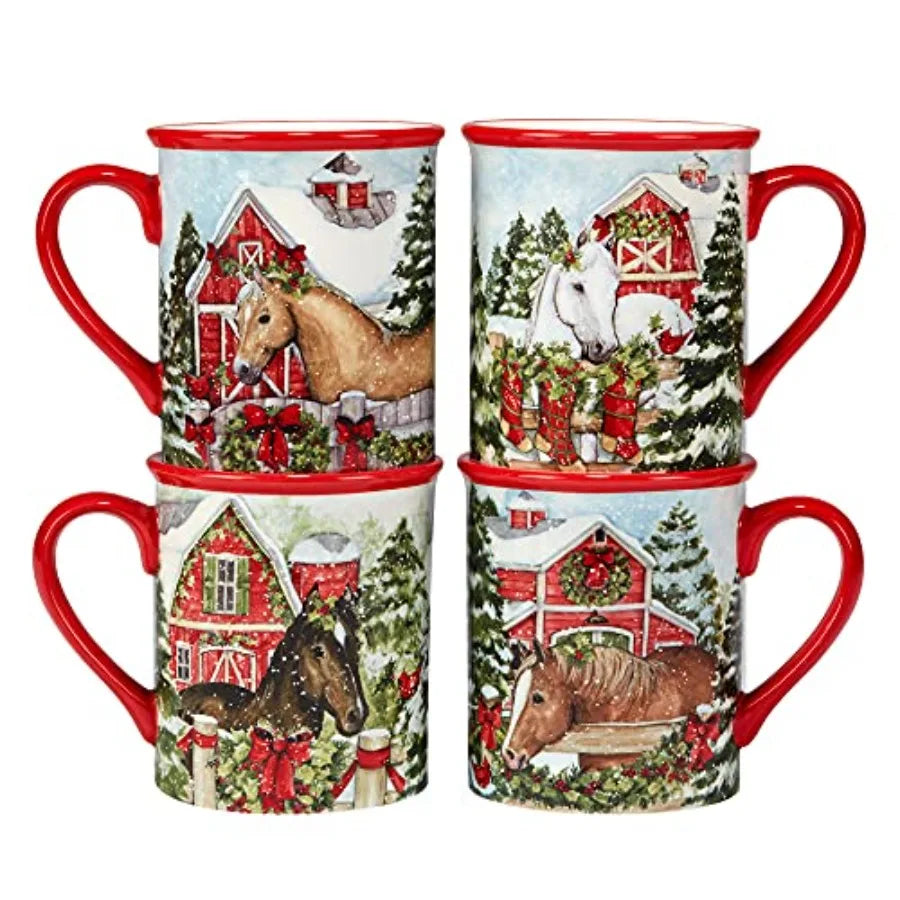 Homestead Christmas 16Piece Dinnerware Set Holiday Tableware for 4 with Festive Horse and Barn Scenes Winter Ceramic Plates Bow