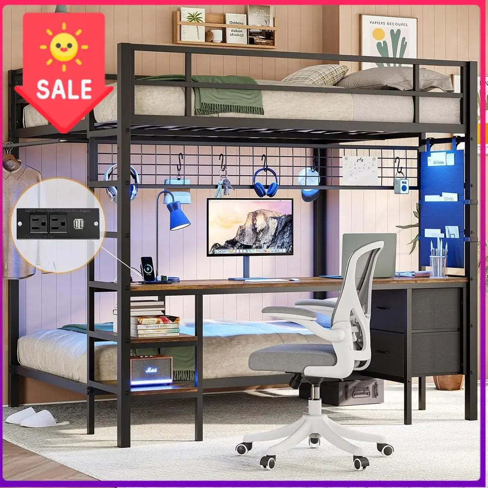 BestsellerTwin Over Full Metal Bunk Bed with Desk, LED Lights, Storage, Safety Rails & Stairs, Black