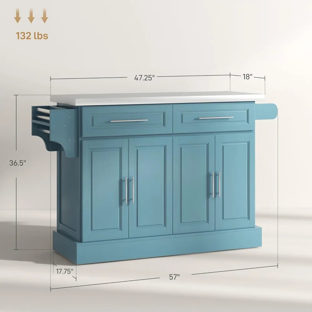 Rolling Kitchen Island Cart with Wheels, Portable Island Table for Kitchen with Stainless Steel Top, Adjustable Shelves
