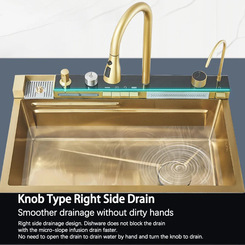 Brushed Gold 304 Stainless Steel Waterfall Style Modern Kitchen Large Single Slot Button Integrated Digital Display Faucet Set