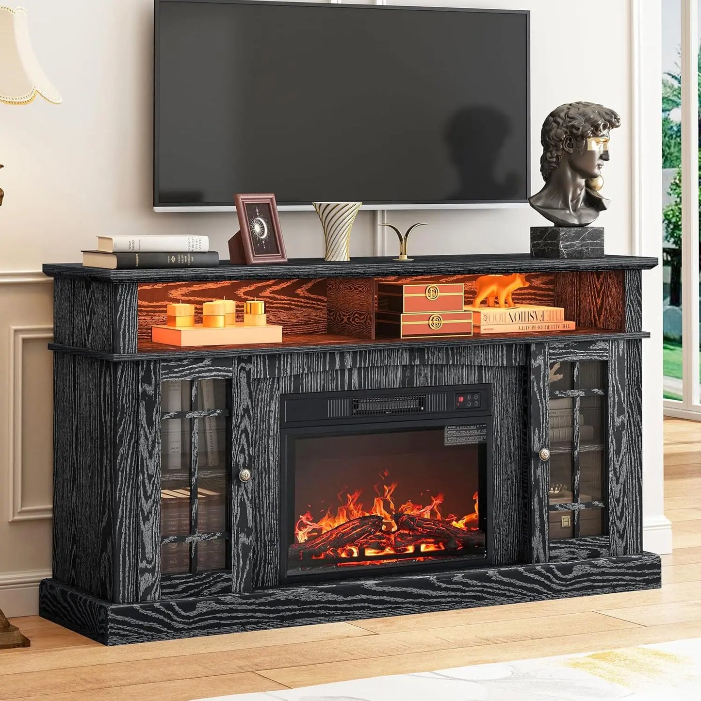 58" Fireplace TV Stand for TVs Up to 65", Farmhouse Entertainment Center with 23" Electric Fireplace & LED Light,, Customized