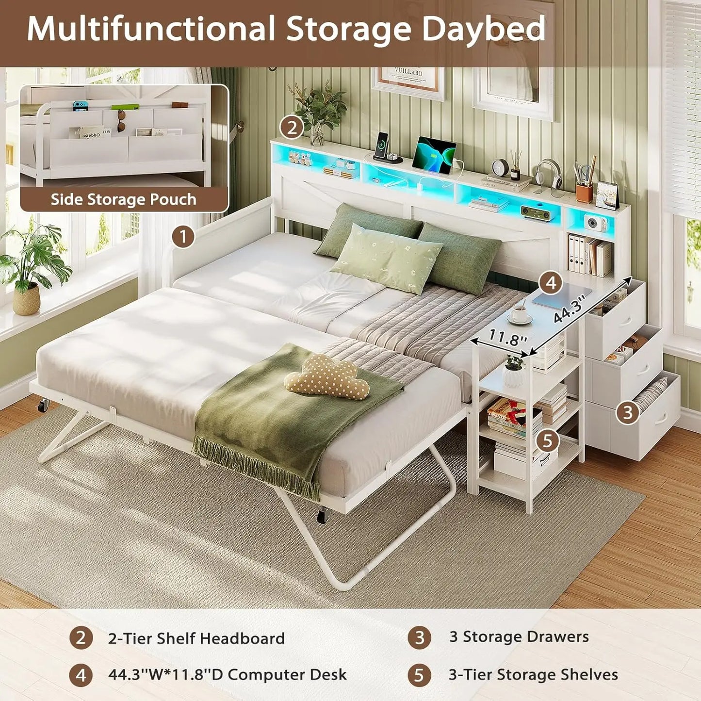 Daybed Twin with Pop Up Trundle, Farmhouse Wooden Day Bed Frame with 3 Storage Drawers and Shelves, Twin to King, Customized