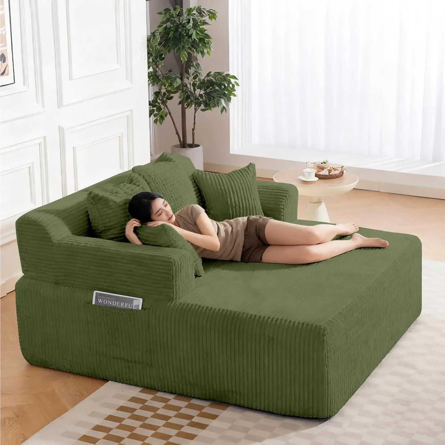 58" Oversized Boneless Chair, Corduroy Lounge Chaise Chair Indoor Sleeper Sofa Bed with Arms and 4 Pillows, No, Customized