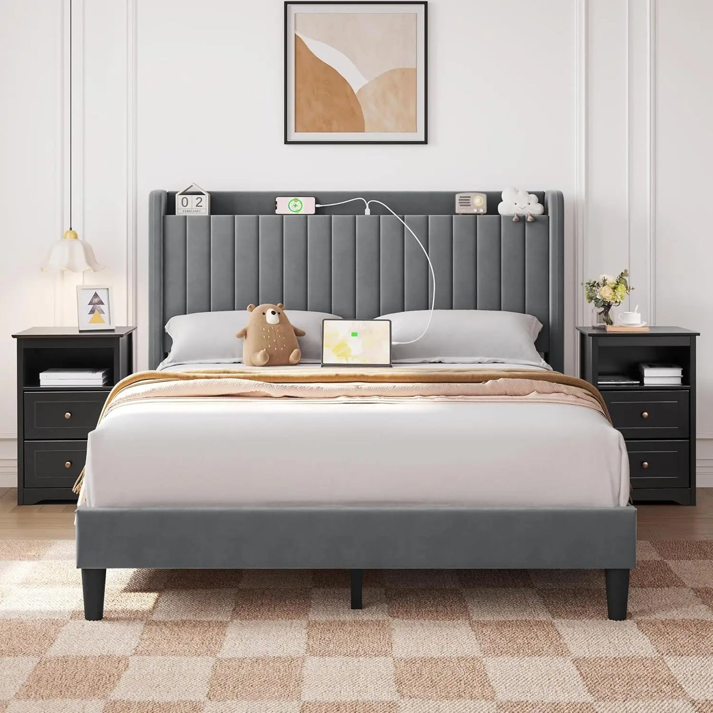 Nightstand Set of 2, Wooden Bedside Tables with 2 Drawer and Cubby, 2Pcs Tall Nightstand for Bedroom Small Space,, Customized