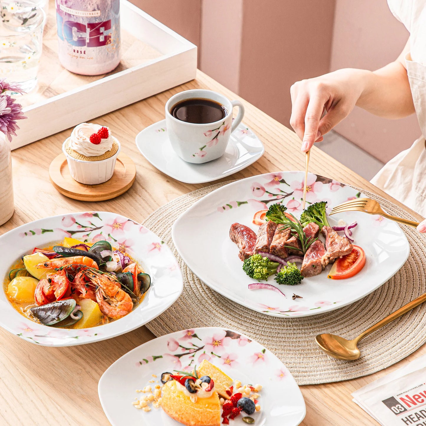 VEWEET ANNIE 60-Piece White Ceramic Pink Floral Porcelain Plate Set with Dinner Soup Dessert Plate ,Cups Saucers for 12 Person