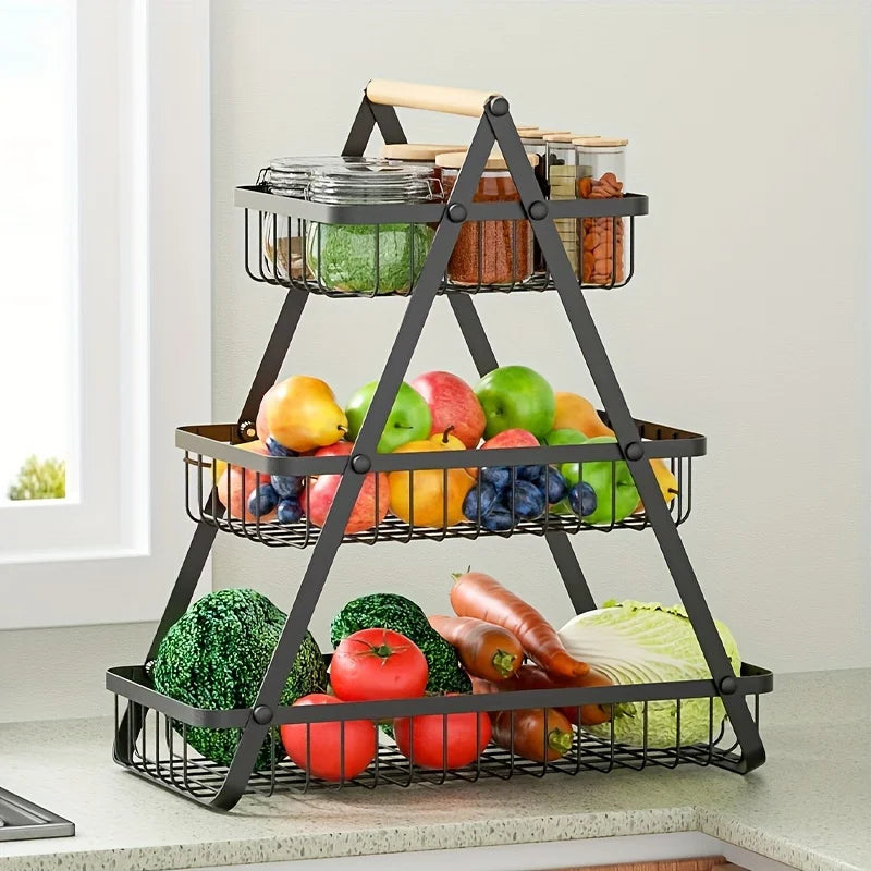 Three-tier fruit basket with sturdy kitchen storage box, suitable for fresh produce and household kitchen use.