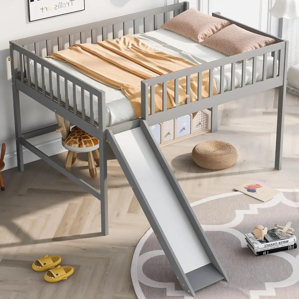 Full Size Low Loft Bed with Slide, High Guardrail & Ladder, Loft beds with Safety Rails, Wooden Full Loft Bed Frame for Kids, Bo