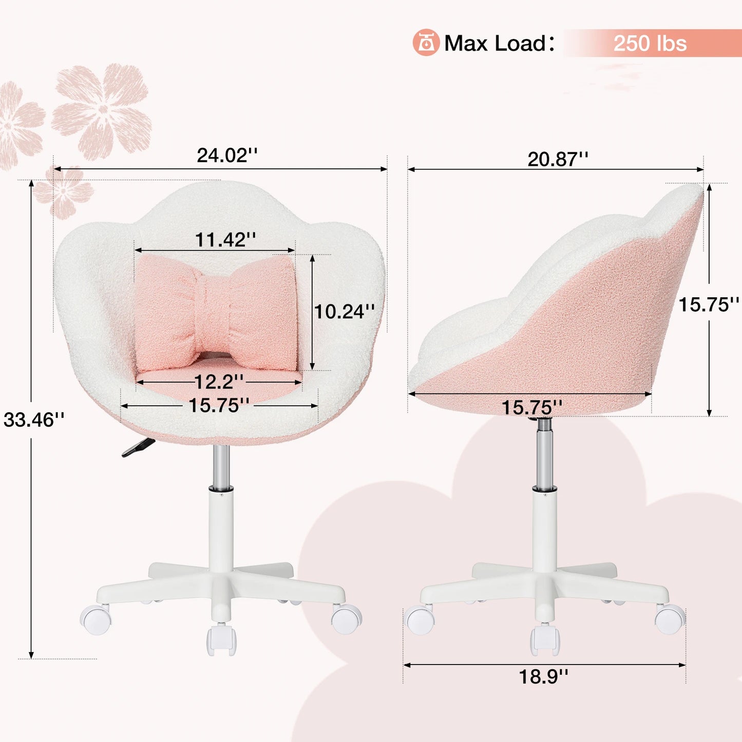 Kids Desk Chair Ergonomic Flower Study Chair Boucle Swivel Kids Computer Chair Adjustable Height Cute Children Desk Chair