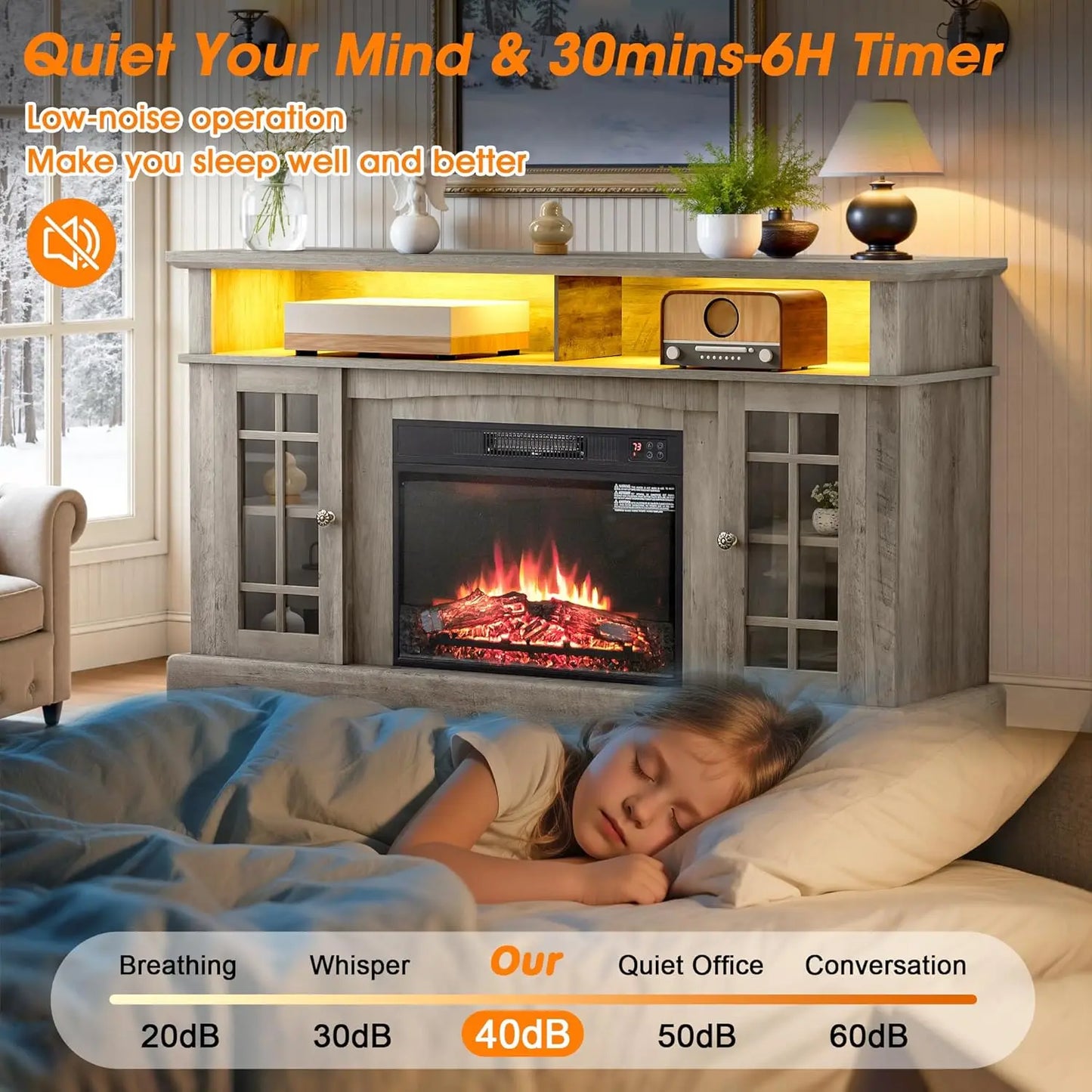 58" Fireplace TV Stand for TVs Up to 65", Farmhouse Entertainment Center with 23" Electric Fireplace & LED Light,, Customized