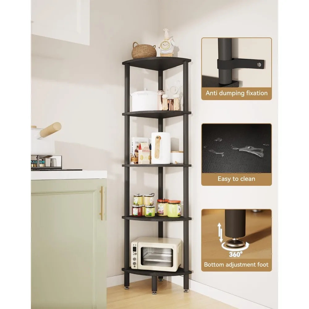 5 Tier Corner Shelf Stand,Industrial Corner Display Rack,Corner Bookshelf for Living Room, Bedroom, Kitchen, Home Office, Black