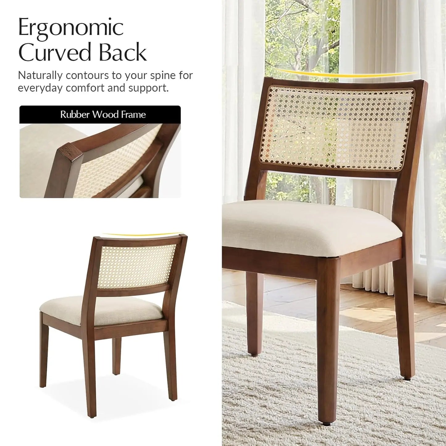 Rattan Dining Chairs Set of 2, French Solid Wood Kitchen Dining Room Chairs with Curved Back, Upholstered Accent, Customized
