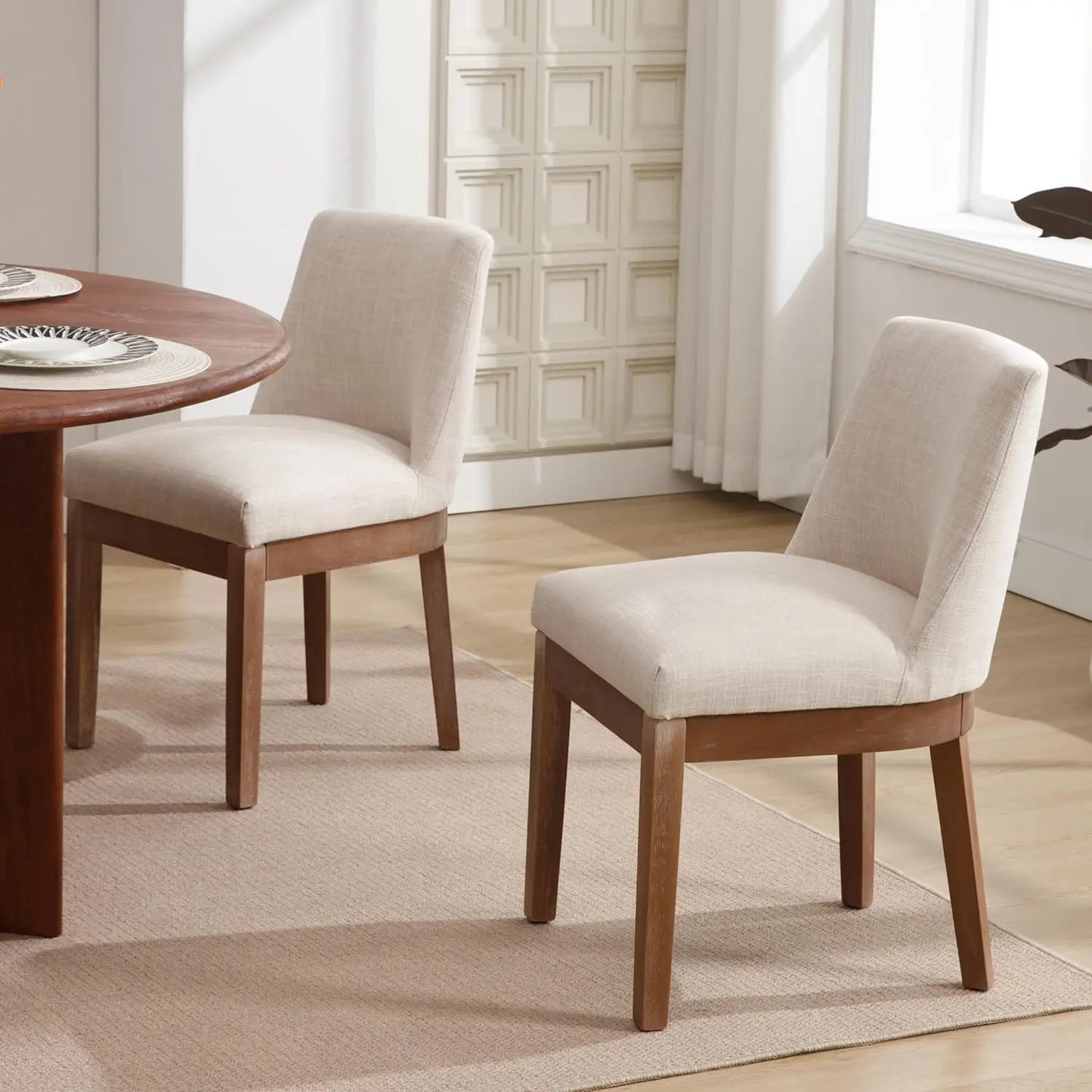 Modern Linen Dining Chairs Set of 4 Upholstered Kitchen Side Chair Wood Legs Beige Custom