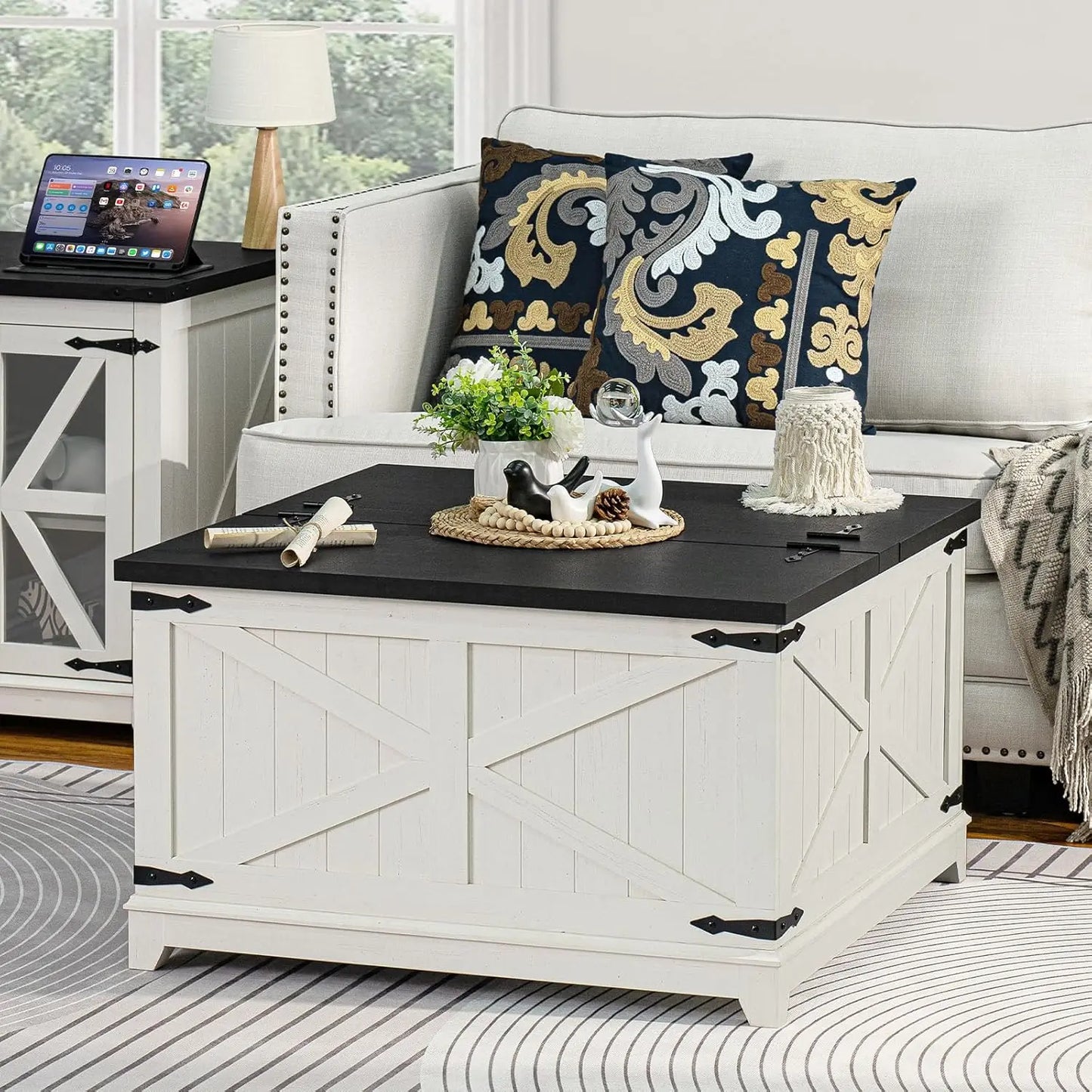 Farmhouse Coffee Table Sets 3 Pieces, 24'' End Table with Charger and Narrow 14'' Nightstand w/Glass Barn Door, Living Room Sets