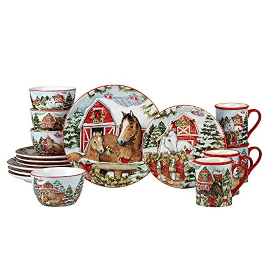 Homestead Christmas 16Piece Dinnerware Set Holiday Tableware for 4 with Festive Horse and Barn Scenes Winter Ceramic Plates Bow
