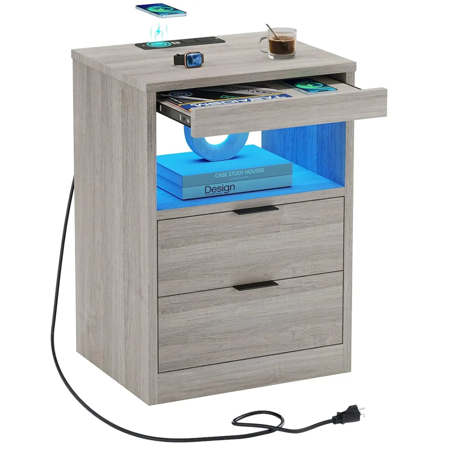 LED Nightstand Black Nightstand with Wireless Charging Station 2 Drawers, Modern Bedroom End Side Table with LED, Customized