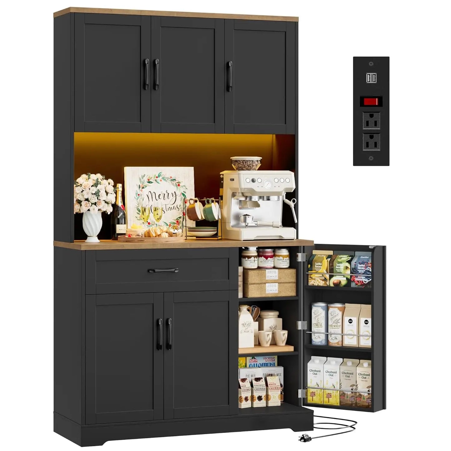 71" LED Kitchen Pantry Cabinet with Power Outlet, Tall Hutch Storage Cabinet with Microwave Stand & 6 Door Shelves,, Customized