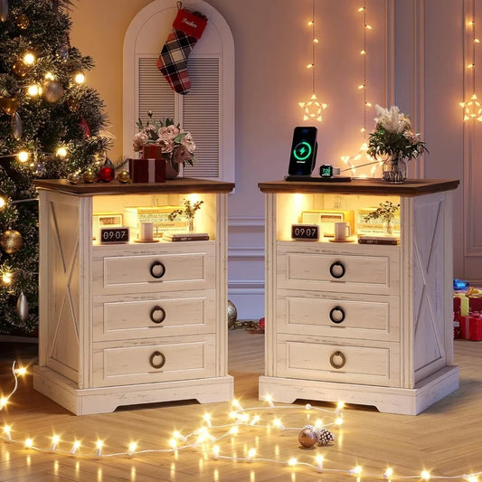 Farmhouse Nightstand Set of 2 with Charging Station Smart Bedside Table with 3 Drawers And Open Storage for Bedroom.Customized