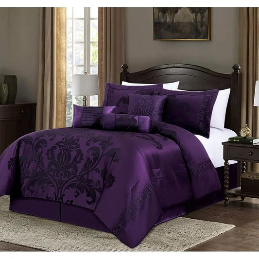 7Piece Jacquard Floral Comforter Set California King, Purple Dark Purple
