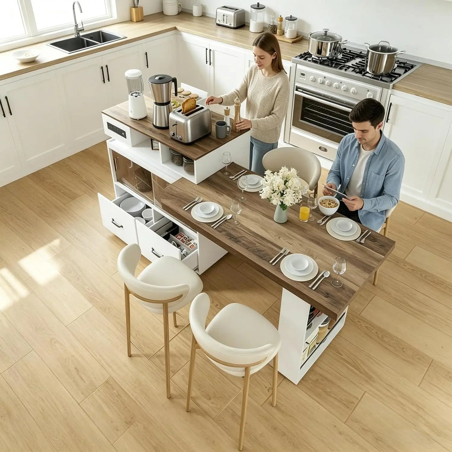 Kitchen Island with Extendable Table,Rolling Kitchen Tables with Storage & Seating,Built in Power Outlet, Kitchen, Custom