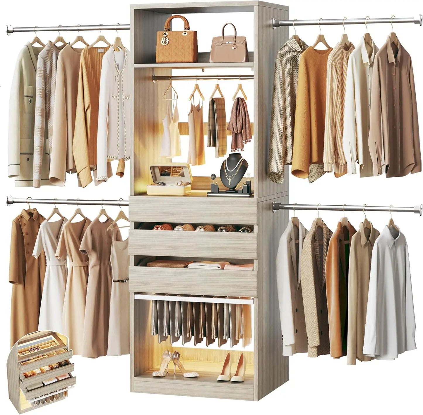 Closet System, 4-8FT Closet Organizer with 3 Wood Drawers & Glass Top, 102'' Walk in Closet with 5 Hang Rods，Customized