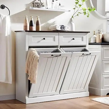 Double Tilt Out Laundry Hamper Cabinet, 20 Gallon Farmhouse Trash Can Cabinet with Drawer, Hidden Wood Garbage Can Bin Cabinet w