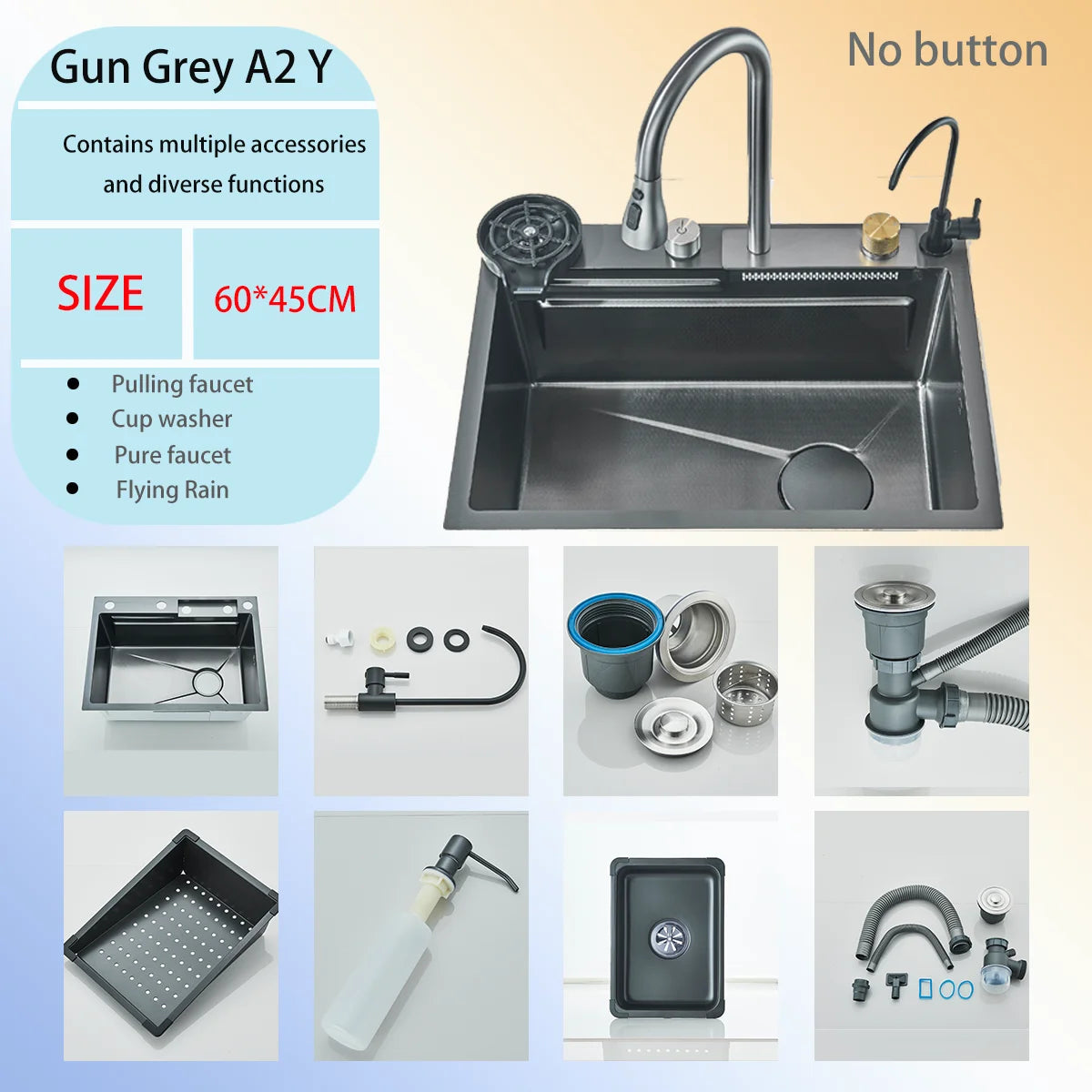 Brushed Gold 304 Stainless Steel Waterfall Style Modern Kitchen Large Single Slot Button Integrated Digital Display Faucet Set