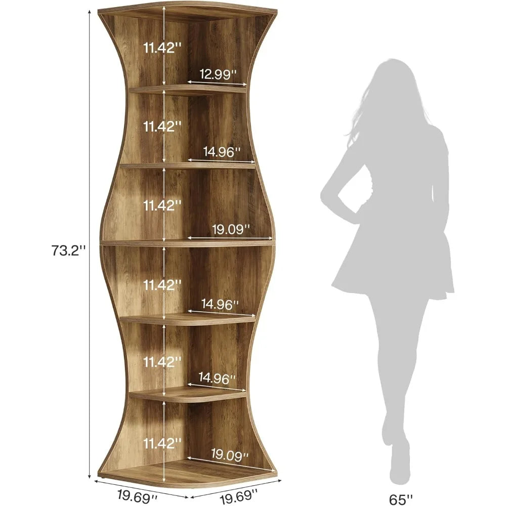 73.2"Tall Corner Bookcase, Farmhouse 6-Tier Corner Shelf for Small Space, Freestanding Bookshelf Display Shelf Plant Stand