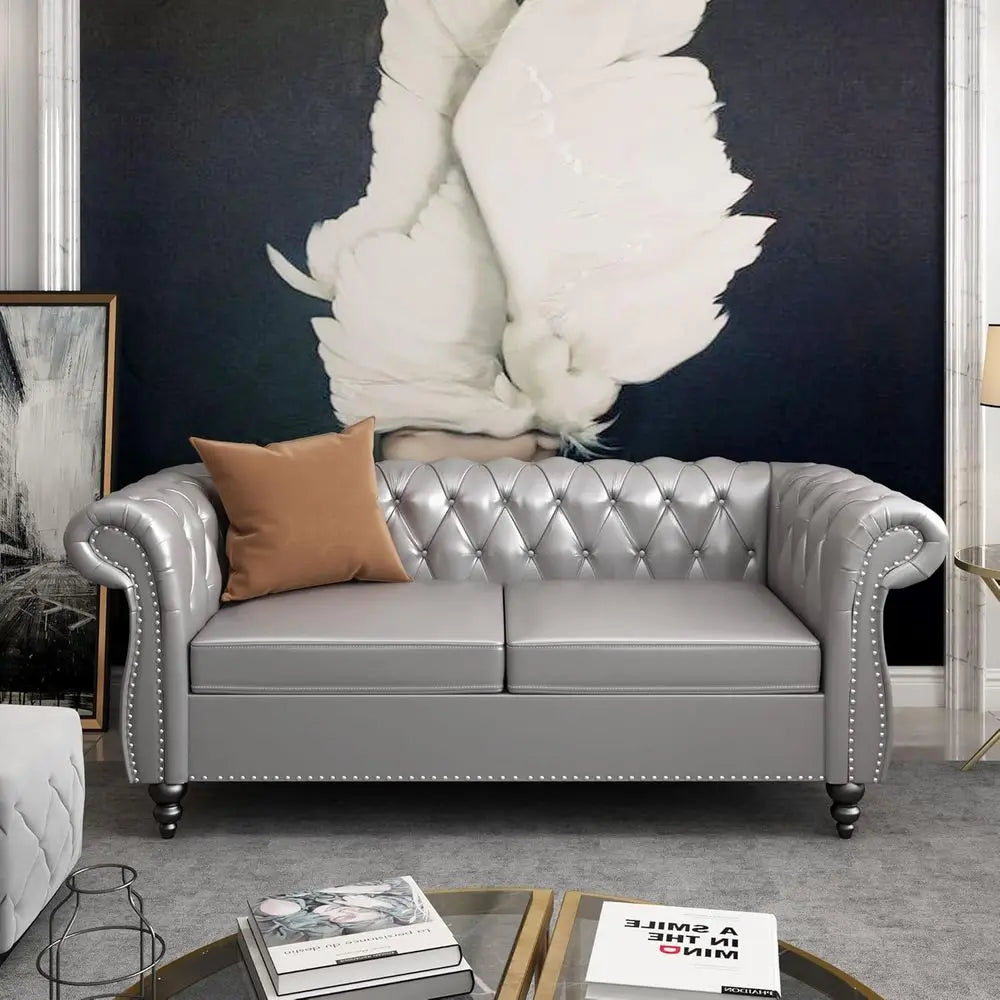 2-Piece Living Room Set: Chesterfield Leather Sofa with Scroll Arms and Nailhead Trim in Grey