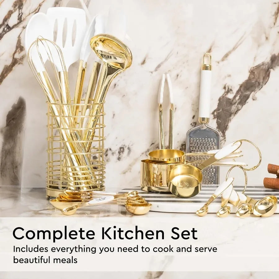 White and Gold Kitchen Utensils Set 23Piece Gold Kitchen Accessories Include Measuring Cups and Spoons Set Silicone Utensils an