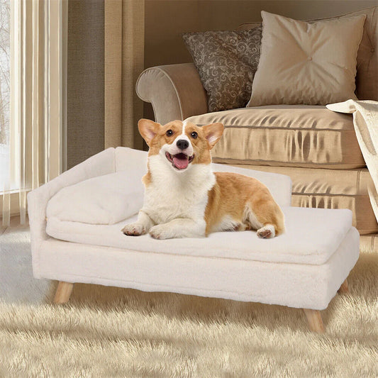 Luxury Elevated Dog Sofa Bed with Backrest Plush Cushion Wooden Legs Raised Dog Bed Lounger Chair for Small Medium Dog Cat Chair