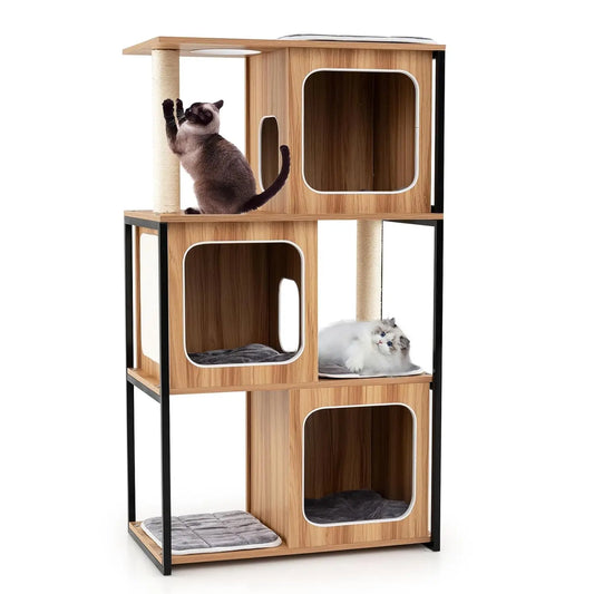 Modern Cat Tree, 52 Inch Wooden Cat Condos with Metal Frame, Sisal Scratching Posts & Board, Washable Cushions,, Customized