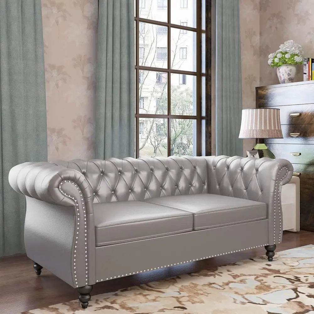 2-Piece Living Room Set: Chesterfield Leather Sofa with Scroll Arms and Nailhead Trim in Grey