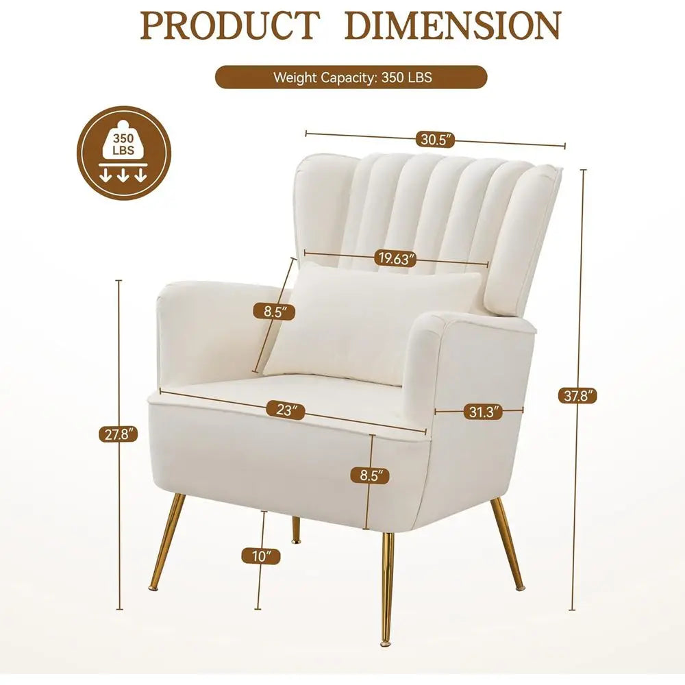 Mid-Century Modern White Wingback Armchair with Pillow And Gold Legs 8.5 Inch Cushion for Living Room Bedroom，Customized