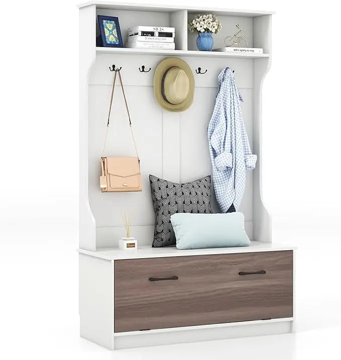 Hall Tree with Coat Rack and Storage Bench, Multifunctional Coat Rack with Entryway Bench, 5 Double Hooks