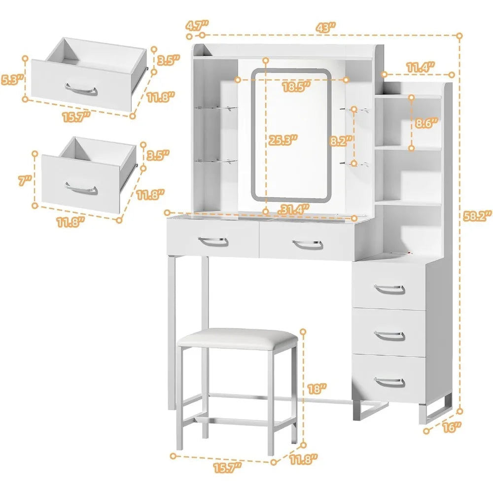 43" Glass Top Vanity Desk with LED Mirror RGB Drawers Wireless Charging 3 Color Lights Power Outlet Bedroom, Customized