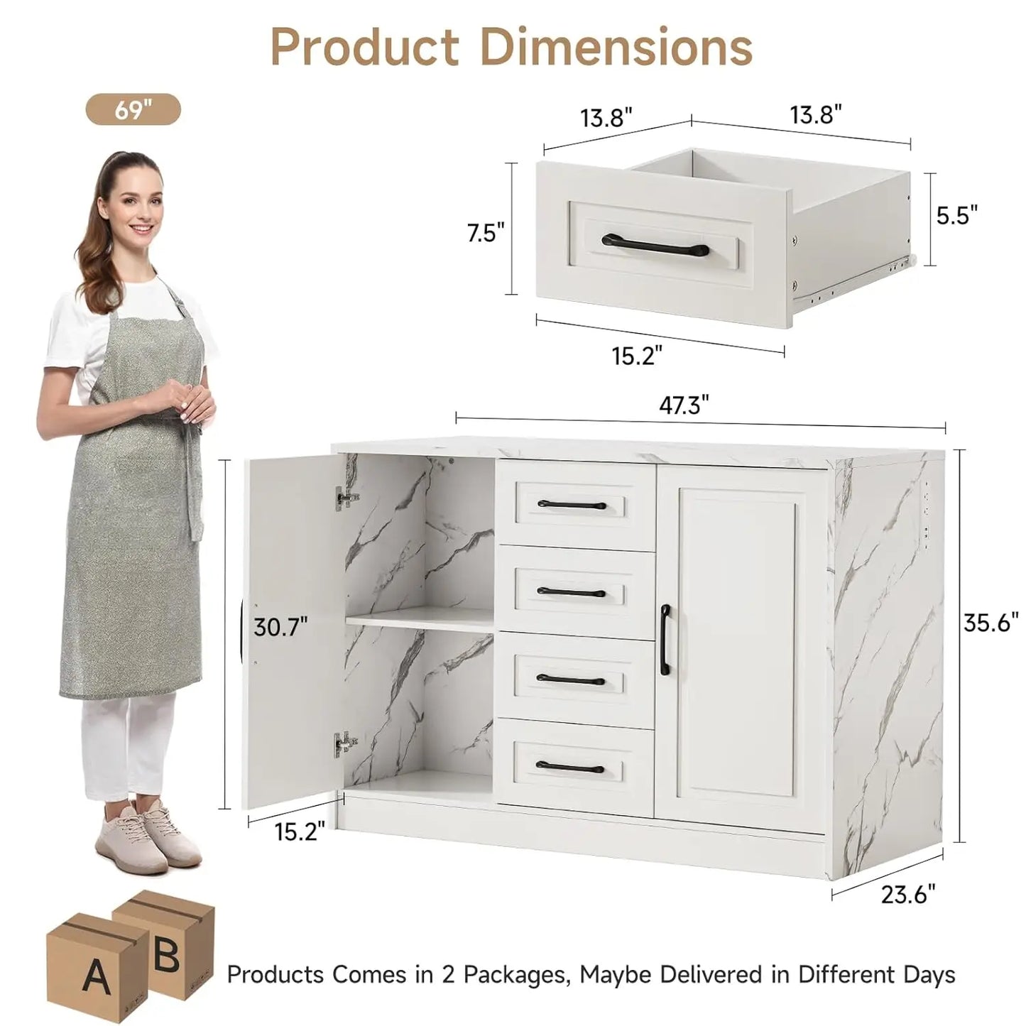 47.3" Kitchen Island with 2 Storage Cabinets & 4 Drawers, Modern Imitation Marble Dining Table with Power Outlet,, Custom