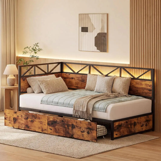 Twin Daybed with Storage Drawers and Charging Station, Corner Bed Frames with Headboard and LED Lights, Industrial, Customized