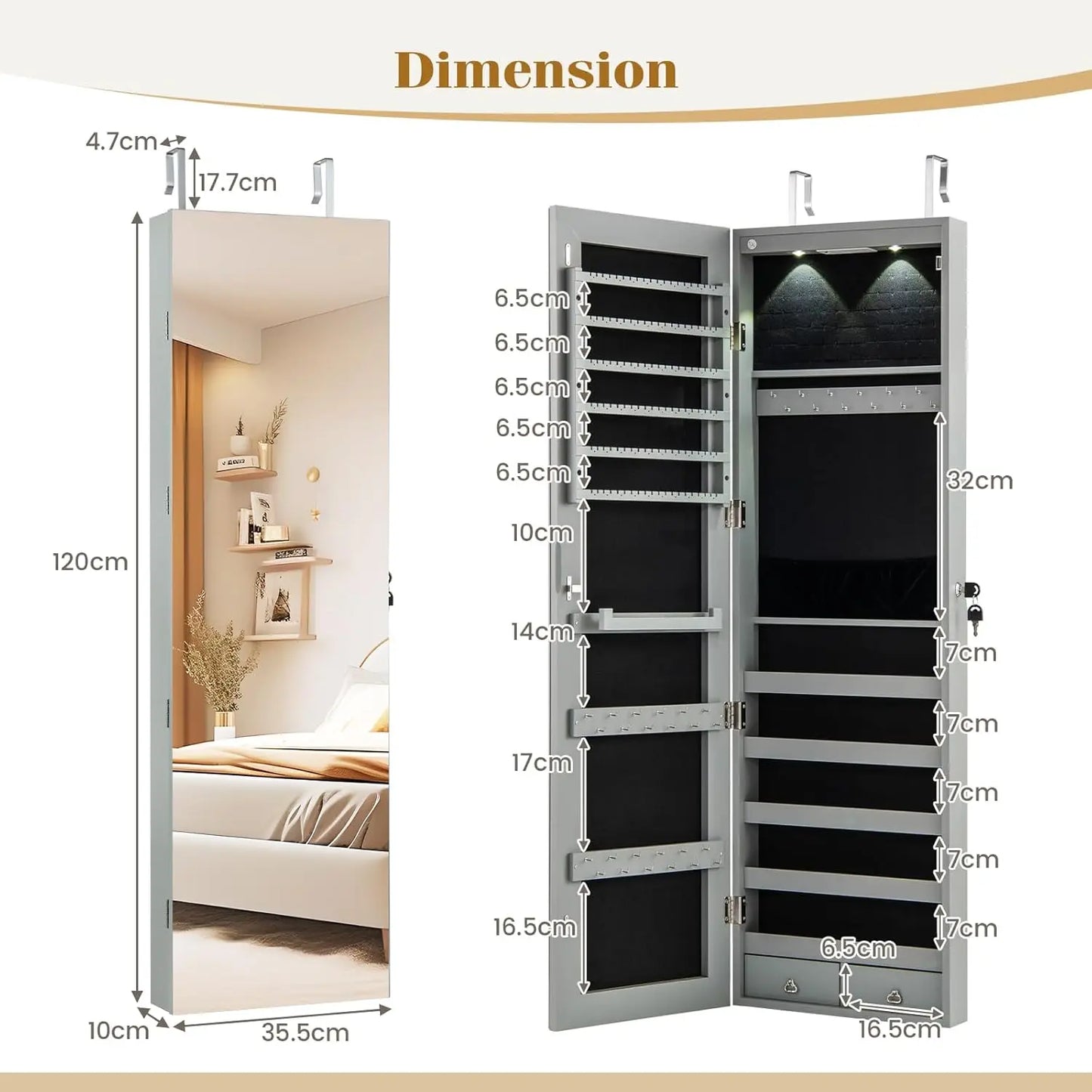 Wall Door Mounted Jewelry Armoire with 47.5 Full Length Mirror & 2 LED Lights, Large Storage Capacity, Lockable Mirror