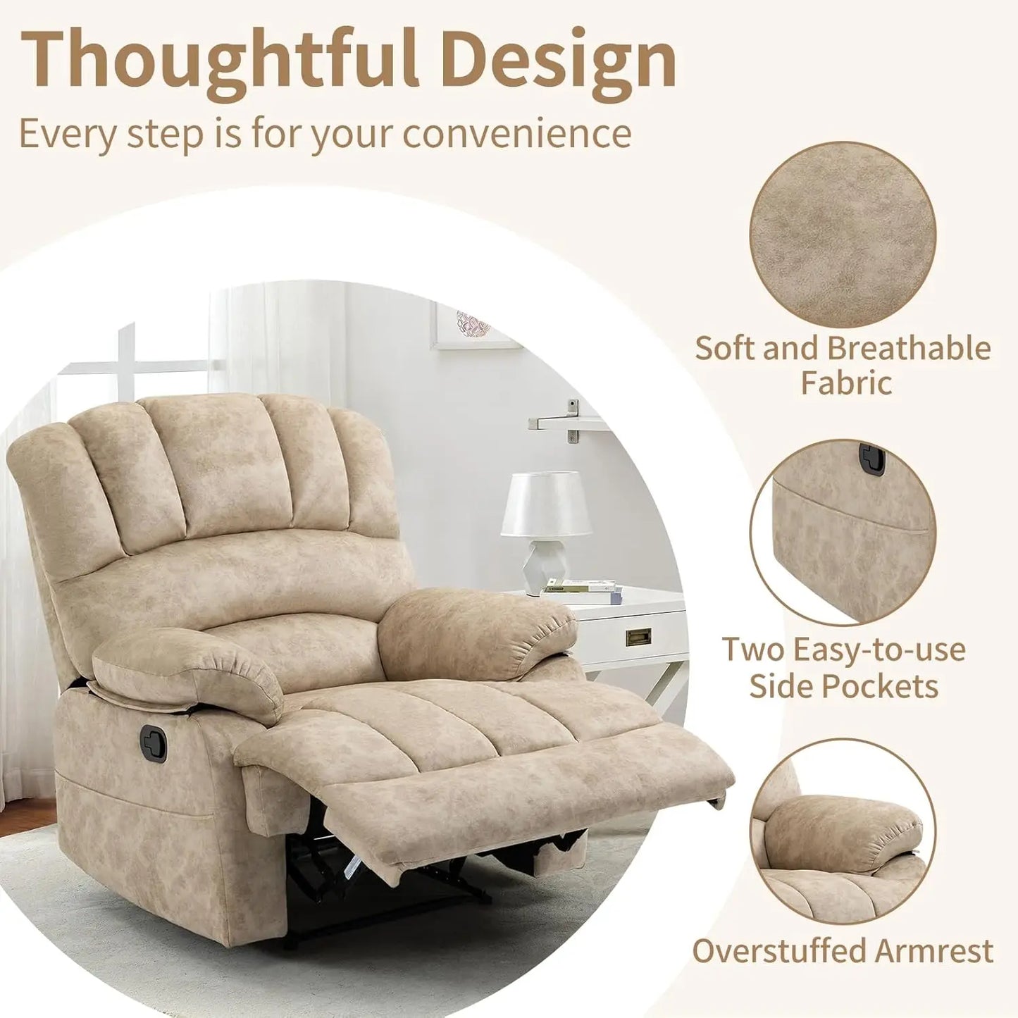 Manual Recliner Chair for Living Room, Single Sofa Recliners for Adults 350LBS, Heavy Duty Reclining Max 155, Customized