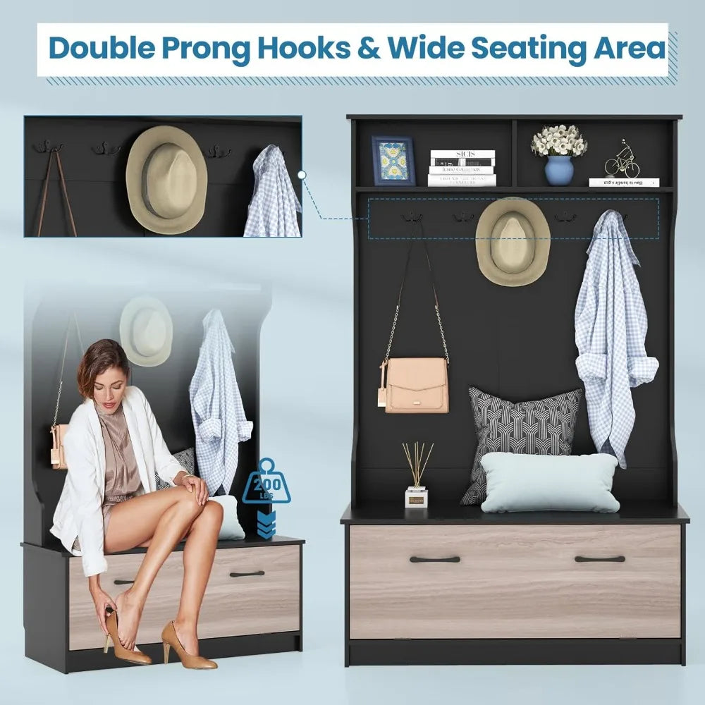 Hall Tree with Coat Rack and Storage Bench, Multifunctional Coat Rack with Entryway Bench, 5 Double Hooks