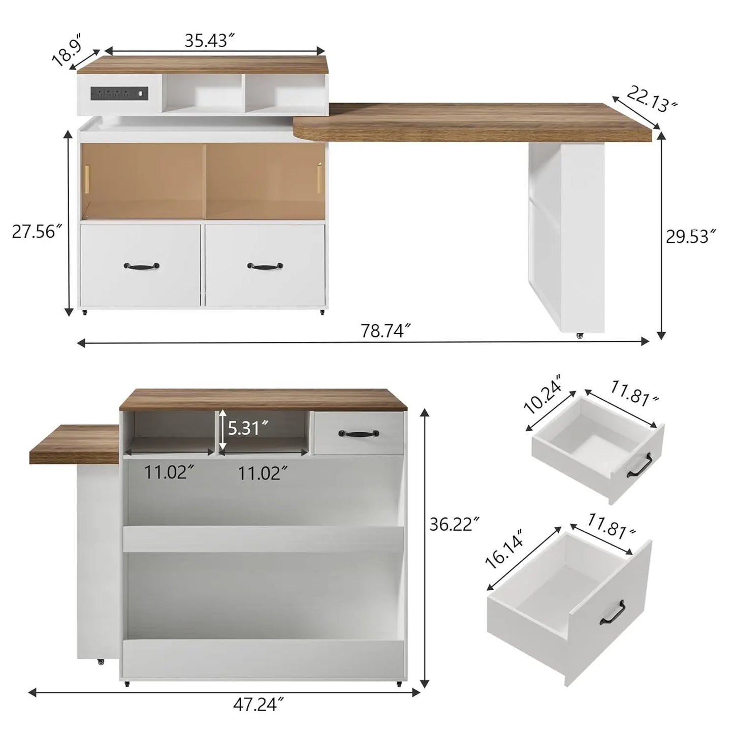 Kitchen Island with Extendable Table,Rolling Kitchen Tables with Storage & Seating,Built in Power Outlet, Kitchen, Custom