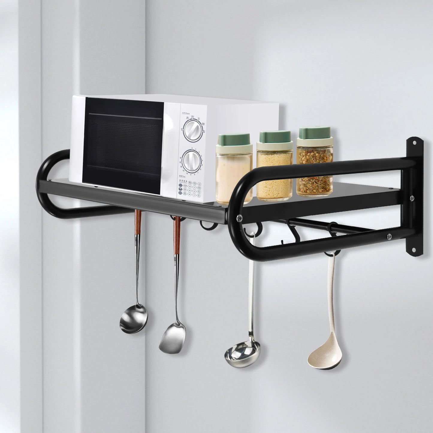Wall-Mounted Microwave Oven Rack, Durable Carbon Steel, Large Size Shelf for Kitchen Organization, Easy Installation with