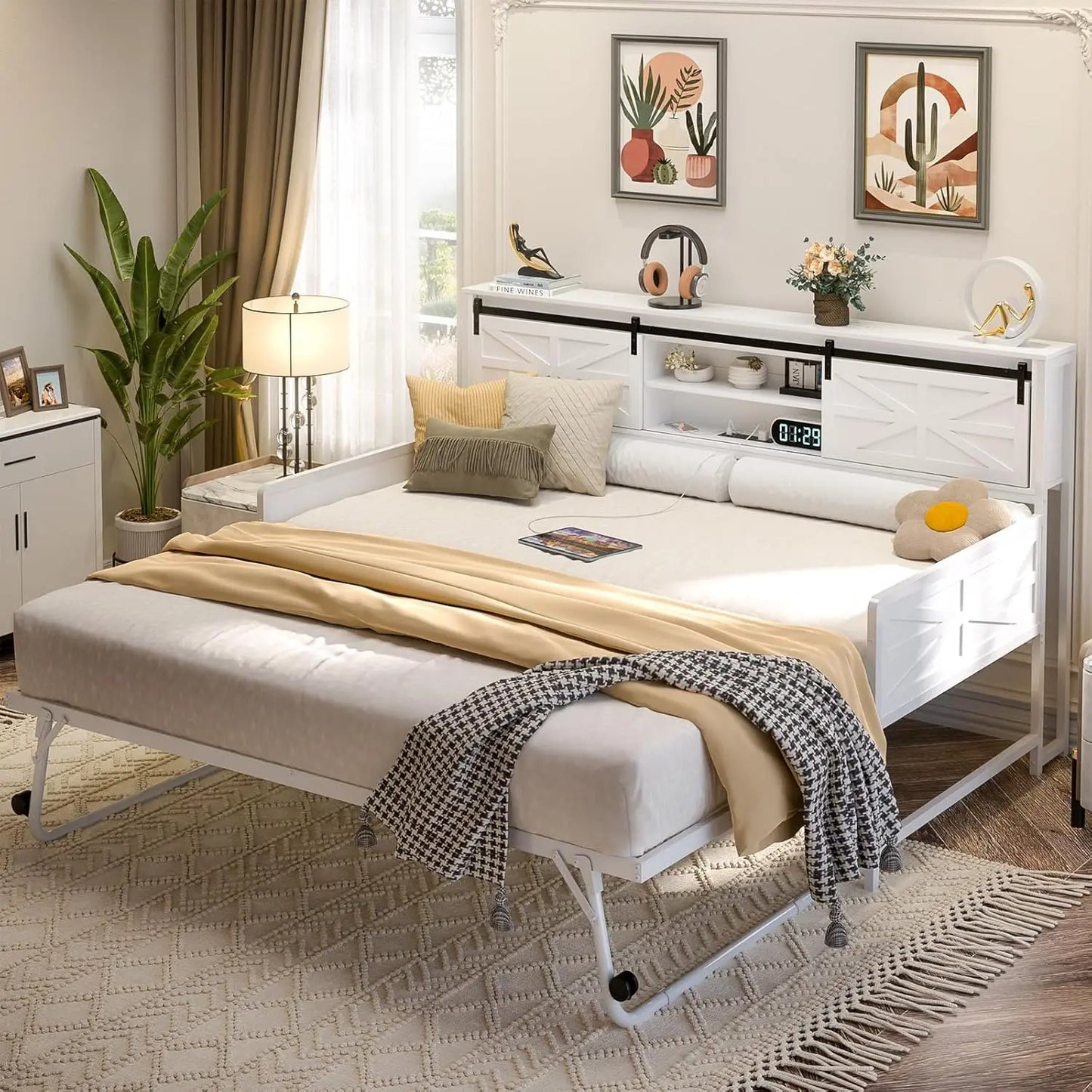 Farmhouse Twin Daybed with Pop Up Trundle, Bookcase Headboard, Charging Station & Metal Sofa Bed, Customized
