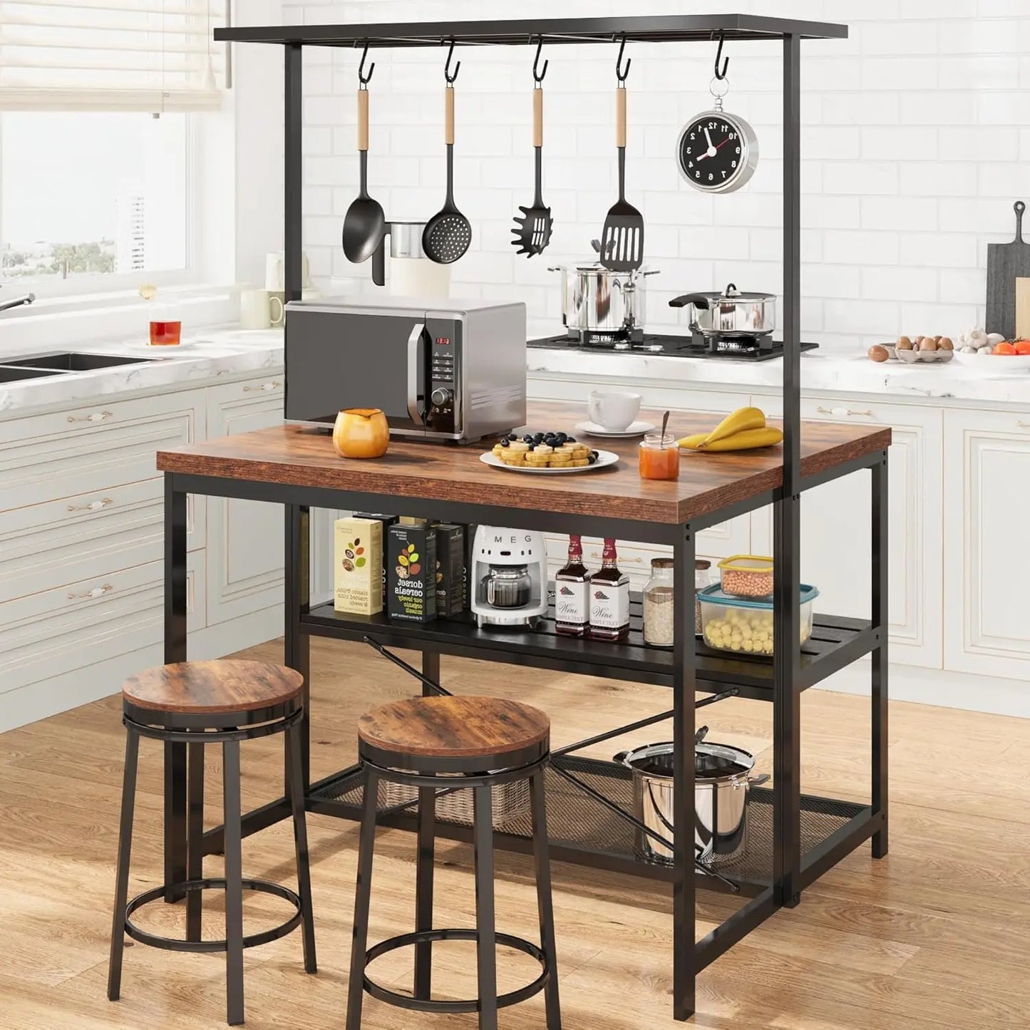 42" Kitchen Island with Storage & Seating - 3-Tier Bakers Rack, Microwave Stand, Dining Table for 4, 5 Hooks & 50lb Capacity, Mu