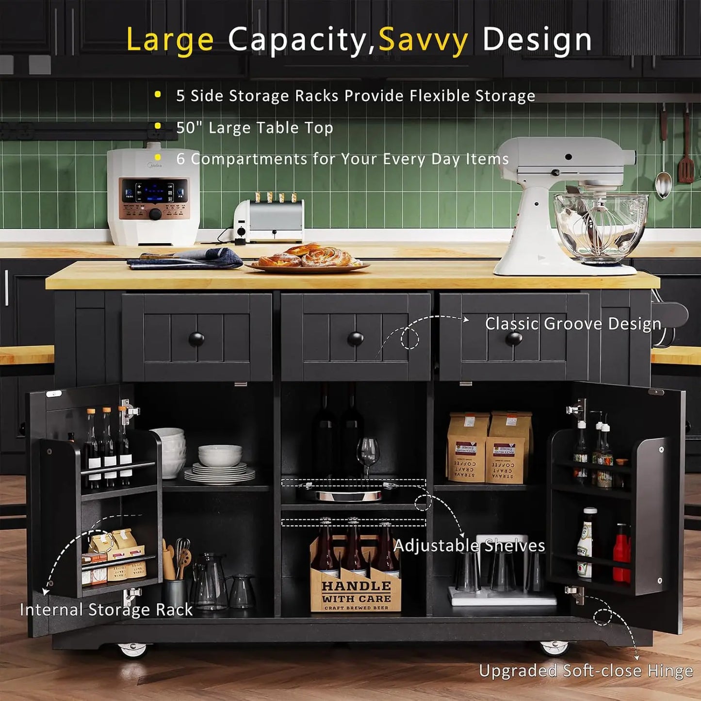 53" Rolling Kitchen Island, Drop Leaf & Power Outlet, 3 Drawers & 2 Cabinets, Mobile Kitchen Cart on 5 Lockable Wheels,, Custom