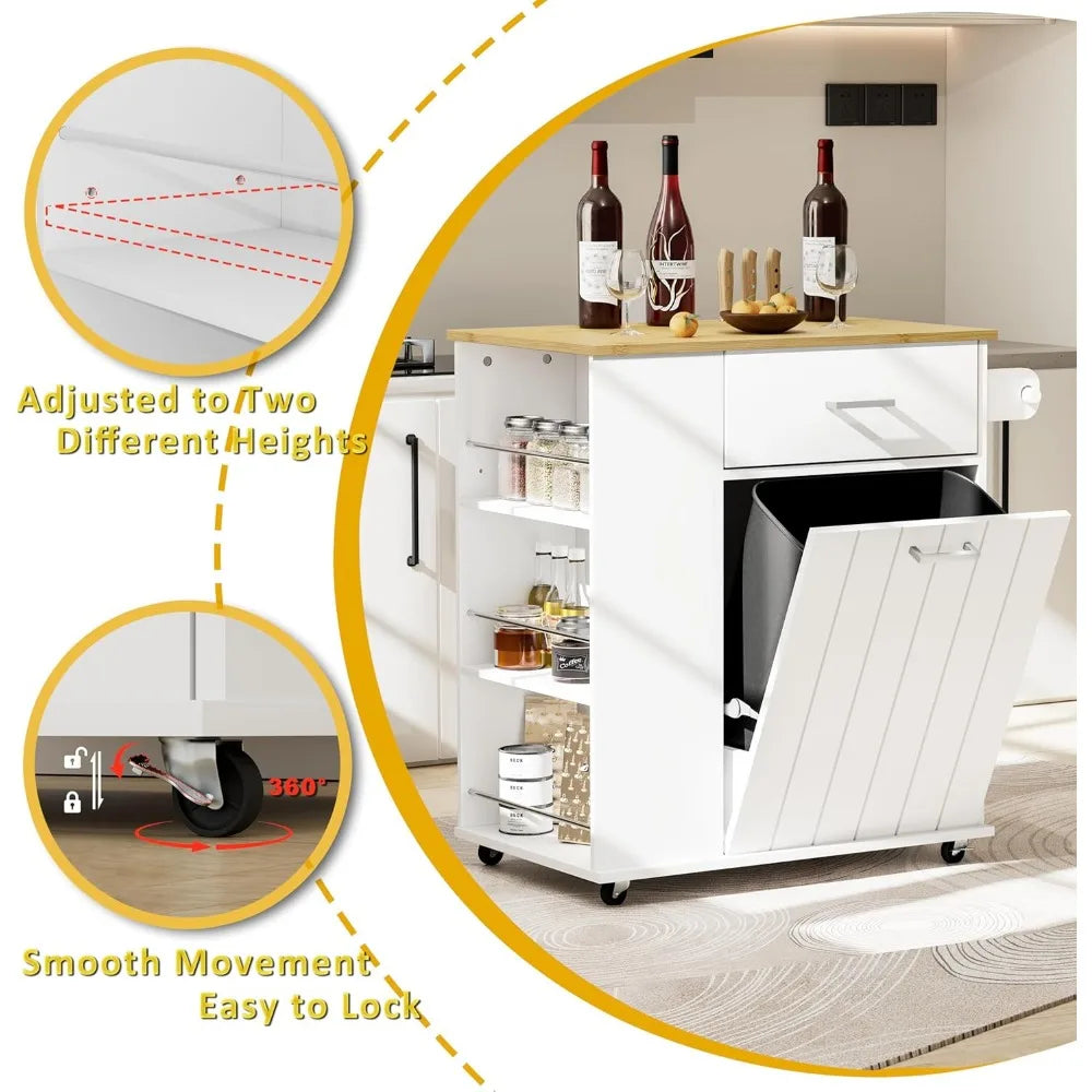 Rolling Kitchen Island with Trash Can Storage, Portable Kitchen Island on Wheels with Towel Rack & Spice Rack, Tilt Out Trash Ca