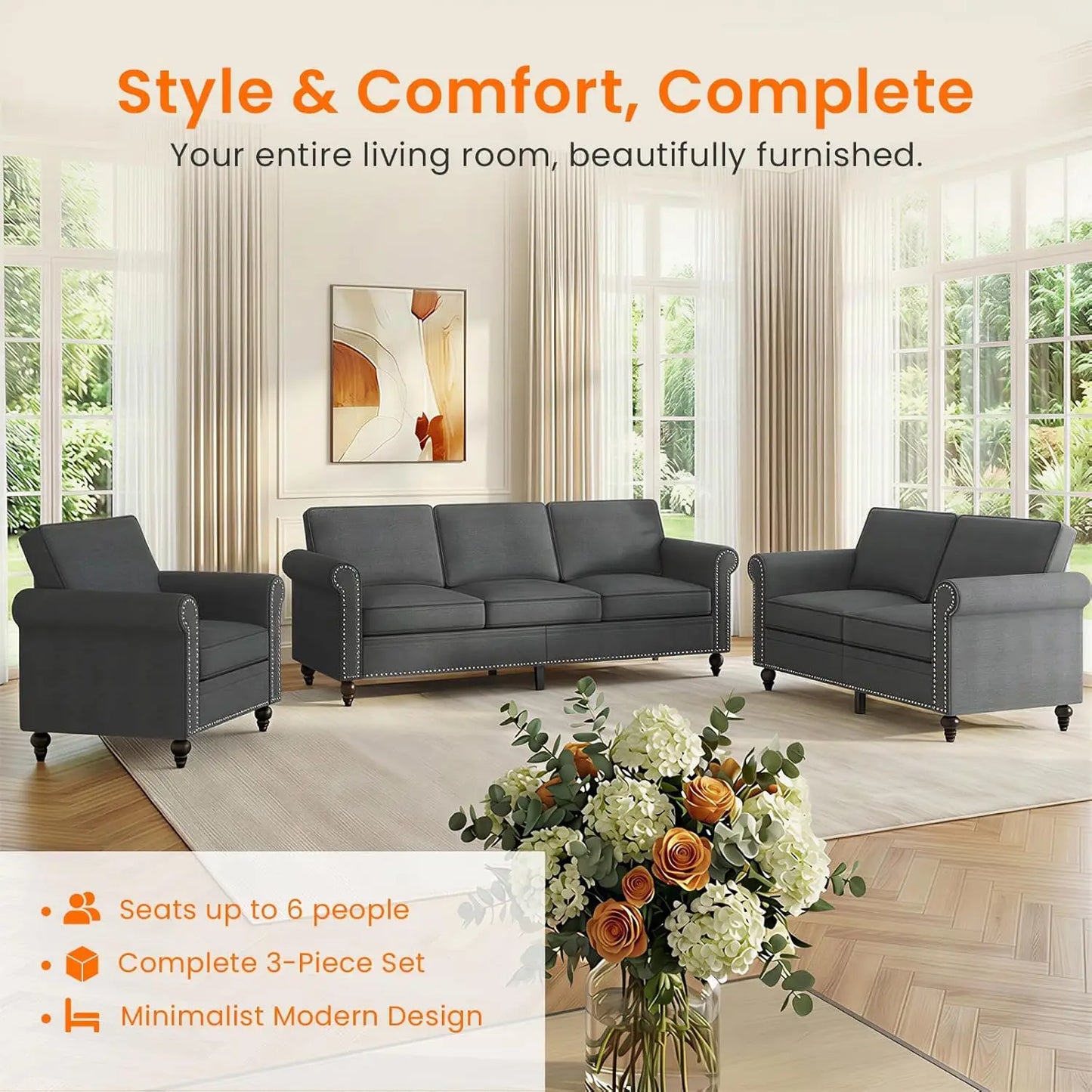 3 Piece Living Room Sofa Set, Linen Fabric Couch Set with Nailhead Trim, Modern Upholstered 6 Seat Sectional Sofa, Customized