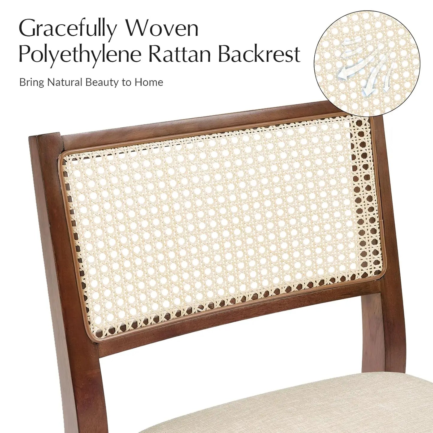 Rattan Dining Chairs Set of 2, French Solid Wood Kitchen Dining Room Chairs with Curved Back, Upholstered Accent, Customized